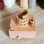 Natural Solid Wood Handcrafted Beech Wooden, Musical FigureTotoro/Carousel/Fairy/Ballerina Figurine,Rotating Hand Crank Mechanism Music Box,Musical Decorations (Colosseum)
