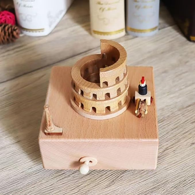 Natural Solid Wood Handcrafted Beech Wooden, Musical FigureTotoro/Carousel/Fairy/Ballerina Figurine,Rotating Hand Crank Mechanism Music Box,Musical Decorations (Colosseum)