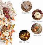 Valery Madelyn 24 inch Fall Pumpkin Teardrop Swag Autumn Harvest Door Hanger with Striped Bow, Mini Pumpkins, Eucalyptus, Raffia & Berry Sprays for Front Door, Mantel Thanksgiving Table Centerpiece