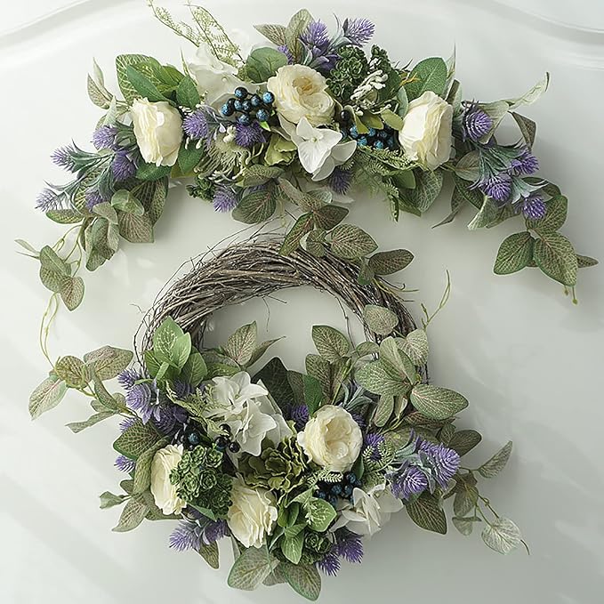 19in Artificial White Silk Rose Hydrangea Wreath with Blueberry, Lifelike Eucalyptus Leaves Rattan Garland Spring Summer Decorative Wreath for Wedding Arch Front Door House Wall Decor