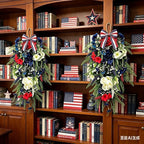 2 Pack 21'' Patriotic 4th of July Teardrop Swag Wreaths Independence Day Patriotic Floral Swag with Artificial Flowers and Fern Leaves Hanging Wreath for Double Front Doors Porch Window Wall Farmhouse