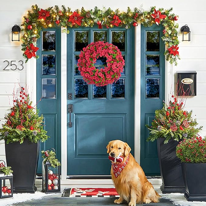 20 Inch Spring Summer Floral Wreath, Violet Artificial Silk Flowers with Green Eucalyptus Leaves, Farmhouse Faux Greenery Wreath for Front Door Outdoor Wall Wedding Home Decor