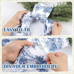 Blue French Toile Sash for Wreaths - 2 Pcs Rustic Wreath Sashes for Front Door Kitchen Cabinet, Wreath Sash for Monogram Embroidery Farmhouse Home Decor