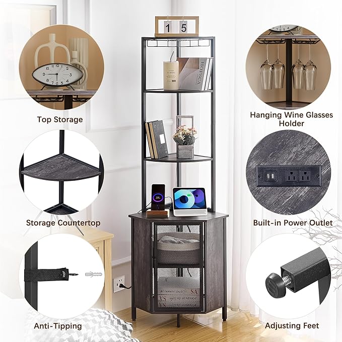 VECELO 6 Tier Corner Shelf with LED Light and Charging Station, 63” Tall Standing Cabinet Organizer, Narrow Bookshelf with Storage Rack for Living Room, Bedroom, Kitchen, Balcony, Small Space