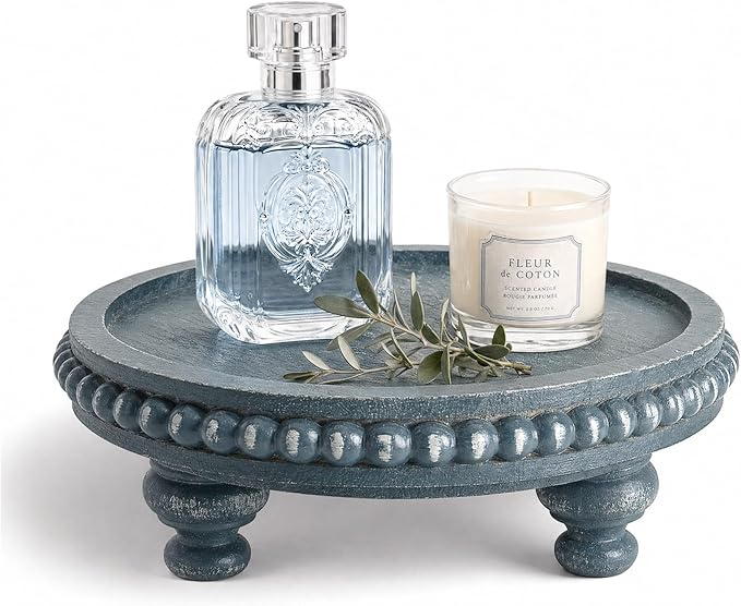 EOSAHR Round Pine Wooden Riser with Beaded Edge for Home Decor - Decorative Tray for Coffee Table - Coastal Pedestal Stand for Indoor Plants, Kitchen Sponge Holder & Perfume Organizer (Blue)