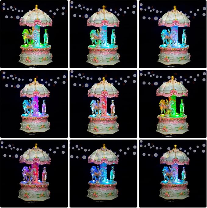 Carousel Music Boxes for Women: 3-Horse Luminous Rotating Musical Boxes Gifts - Color Change LED Lights Musical Gift for Birthday Christmas Pink Music Box