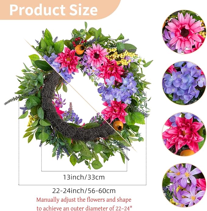 NUPTIO Summer Wreath for Front Door: 24 Inch Spring Wreaths with Hydrangea Lavender Lilac Dahlia Gerbera Hanger - Outdoor Indoor Realistic Artificial Flowers Holiday Decor for Wall Window Porch