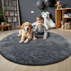 OLANLY Grey Round Rugs for Bedroom - Machine Washable, 4 ft Circle Area Rugs for Living Room, Soft and Fluffy Shaggy Carpet for Teen Girls and Boys, Nursery Rooms, Dorms, Home Decor Aesthetic