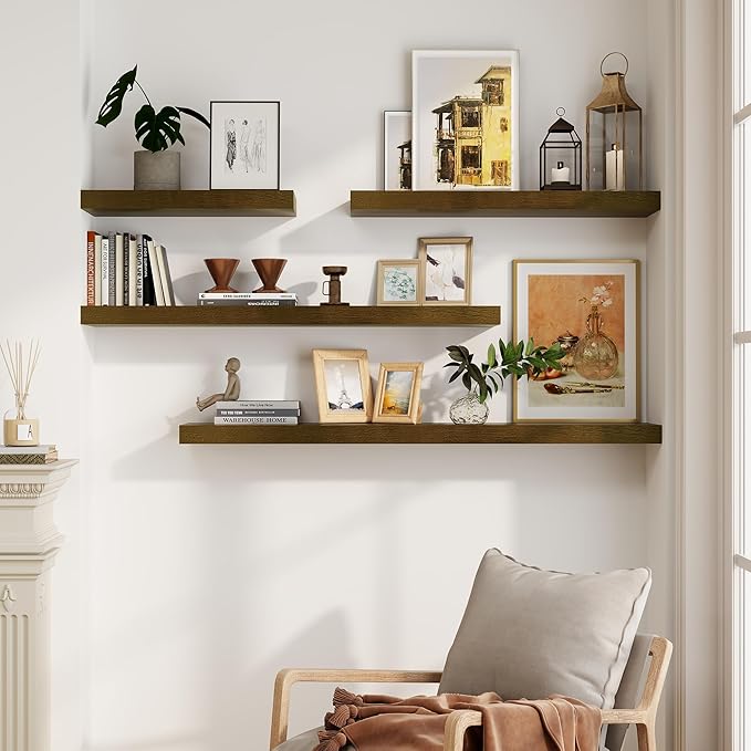 Solid Wood Floating Shelves For Wall, 48”W x 9”D x 1.56”H Large Wall Shelves for Living Room Bedroom Bathroom Kitchen Drcor Storage with Invisible Heavy-Duty Metal Bracket, Light Brown, Set of 1