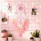 Large Dream Catchers,Crystal Life Tree,Dream Catcher for Girls,Sun Catcher,Dream Catchers for Adults,Boho Bedroom Decor,Handmade Feather Wall Decor Hanging Ornament,Hippie Gifts (Pink)