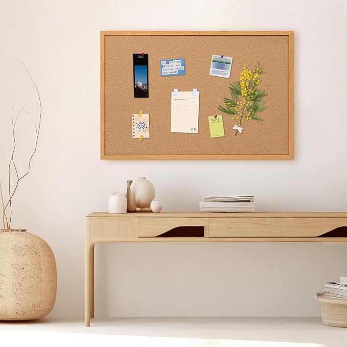 Cork Board Bulletin Board 24 x 36, Wood Framed Corkboards for Wall Decor, Hanging Office Message Board, Large Wall Mounted Notice Pin Board with 15 Push Pins for School, Home & Office
