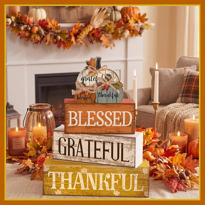 Lineshading 4 Pcs Fall Pumpkin Decor Fall Table Decoration Thanksgiving Tiered Tray Decor Thanksgiving Centerpiece Rustic Stacked Pumpkin Block Signs Farmhouse Harvest Decoration for Home Kitchen