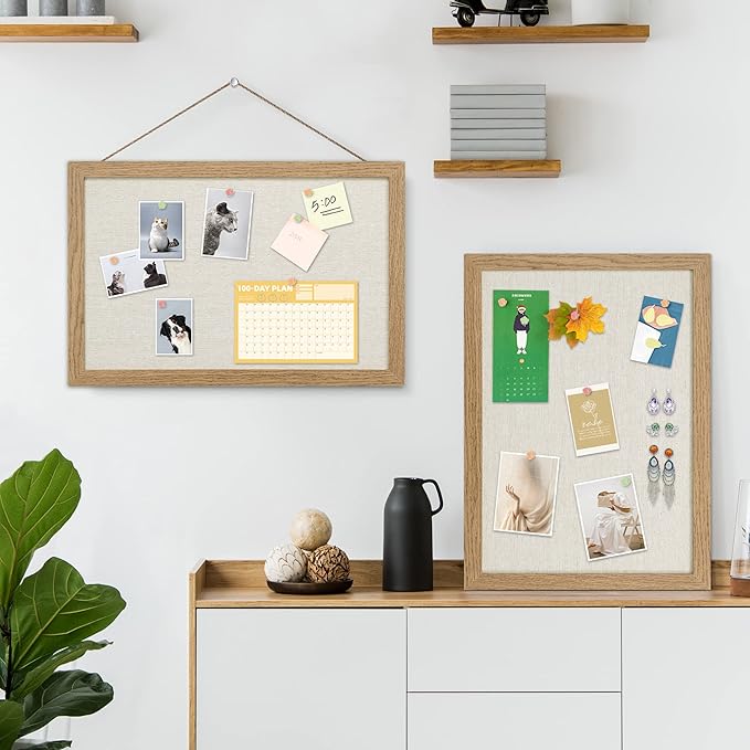 AKTOP 2-Pack Cork Bulletin Board with Linen 16.7" X 11", Small Framed Corkboard for Wall, Hanging Pin Board Picture Board for Home Office Decor, Cute Vision Board with 25 Pushpins (Carbonized Black)
