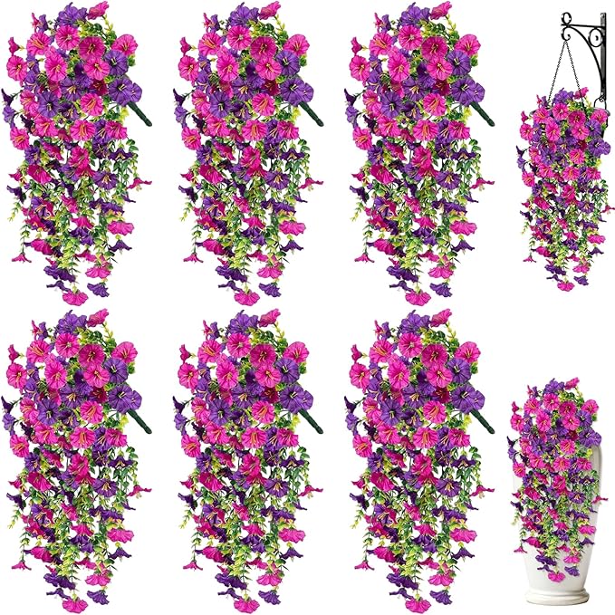 Artificial Hanging Flowers for Outdoors, 6 PCS Silk Morning Glory Artificial Flowers with Eucalyptus Leaves, UV Resistant Fake Flower Realistic Faux Plants for Home Patio Porch Garden, Purple+Fuchsia