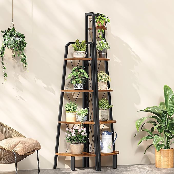HOOBRO Corner Shelf, 4-Tier Corner Shelf Stand, 53.5" Tall Ladder Bookshelf, Industrial Corner Display Shelf Plant Stand for Living Room, Kitchen, Home Office, Rustic Brown BF144CJ01