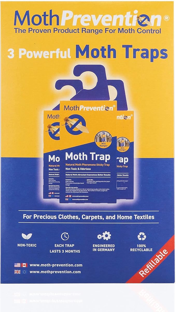 Powerful Clothes Moth Traps + Replacement Strips (9 Strips in Total) - Traps & Refills by MothPrevention - for Indoors, Home, Closets & Clothing