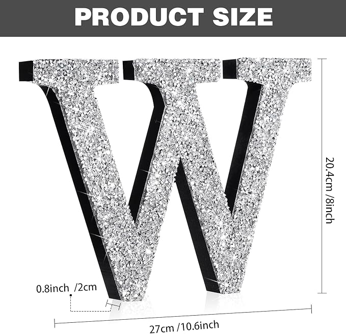 Qunclay 8'' Silver Crystal Diamond Bling Letters Crushed Diamond Decoration Wooden Glitter Letter with Screw and Hooks Rhinestone Gift for Wedding Y2k Mcbling Bedroom Wall Decor (Letter W)