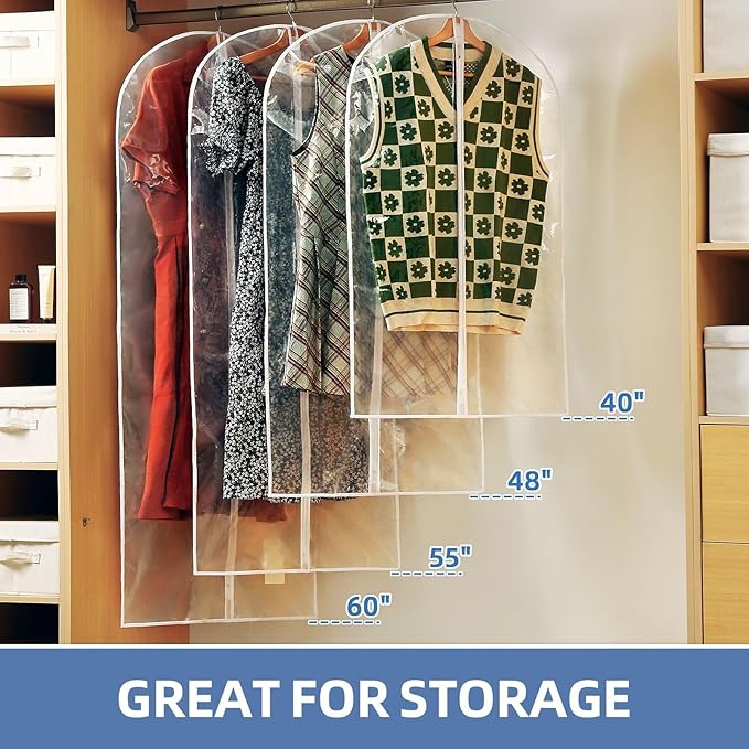 40" All Clear Garment Bags for Hanging Clothes, 5 Packs Suit Bags for Closet Storage, Plastic Waterproof Suit Cover Bags with Zipper for Coats, Jackets, Shirts (Set of 5)