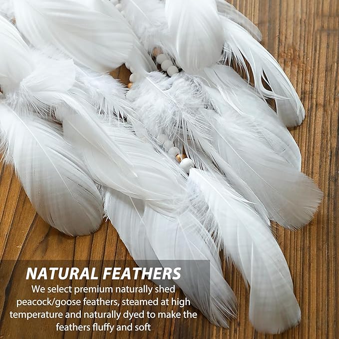 Dream Catcher Native American Boho Dreamcatcher White Wall Decor, Handmade Rattan Natural Goose Feathers Wall Hanging Art Piece Indian Room Decor for Bedroom Living Room Wedding