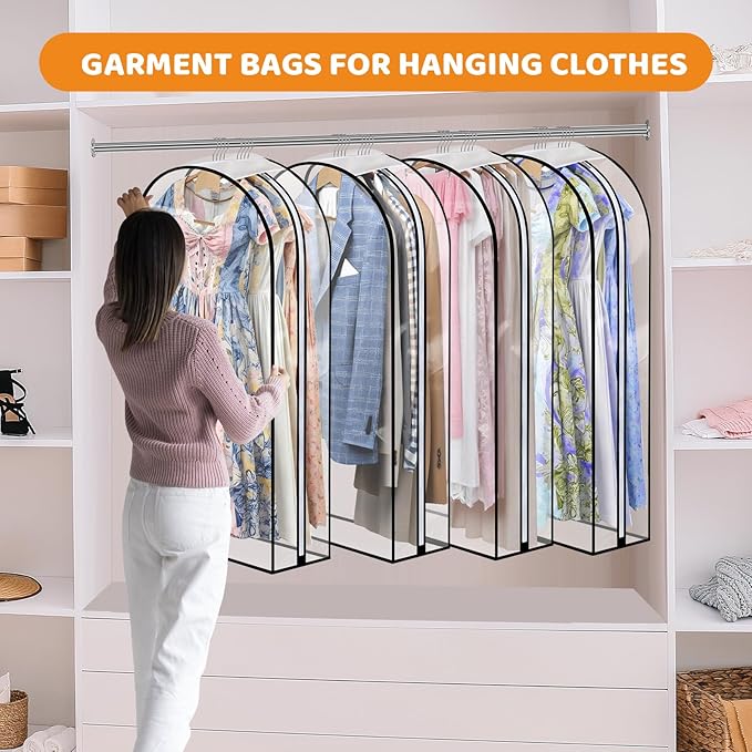 4 Pack Clear Garment Bags with Side Zipper, 60" Clothes Covers with 10" Gusset, Transparent Hanging Suit & Coat Covers for Closet Storage, Jackets, Dresses, Windbreakers