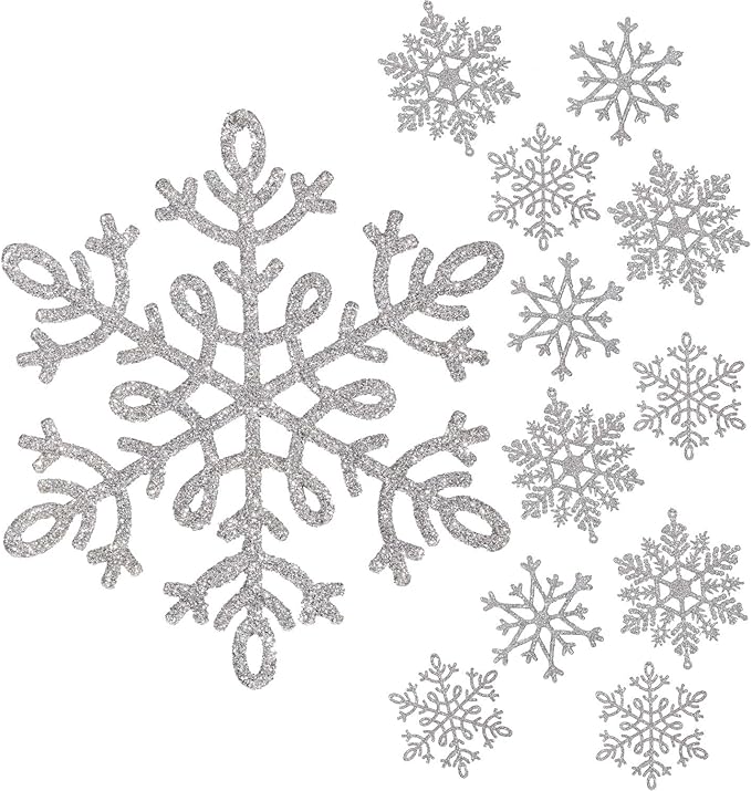 Whaline 40Pcs Silver Glitter Snowflake Winter Snowflake Ornaments Christmas Hanging Decorations with 197 Inches Silver Rope for Wedding Birthday Home Xmas Tree Window Door Accessories