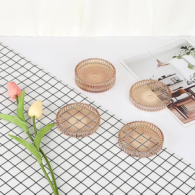 Modern Clear Coasters Set of 5- Glass Cute Coasters for Drinks Crystal Coaster Round Chic Cup Mat Cute Coffee Table Coaster for Kitchen, Bar, Dining Room, Living Room, Patio(Amber)