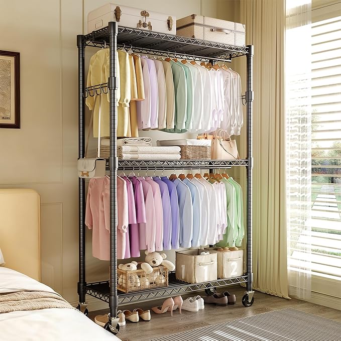 Heavy Duty Rolling Clothes Rack,Load 730LBS Clothing Racks for Hanging Clothes,Free Standing Closet Organizers and Storage Garment Racks with Wheels,2 Rods,Side Hooks,80"H x 45"W x 16"D