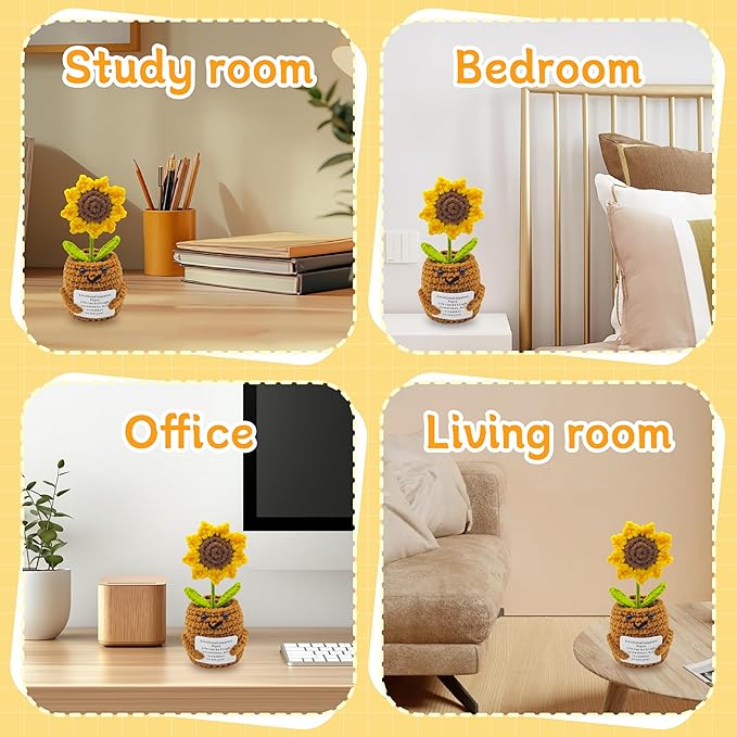 Positive Sunflower 5 inch Handmade Knitted Wool Doll with Positive Card for Cheer Up Gifts Emotional Support Crochet Sunflower Doll for Home Decoration