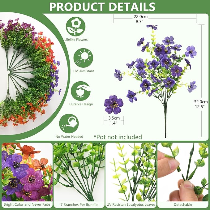 Artificial Flowers for Outdoors, 12 Bundles Multicolor Silk Fake Flower for Spring Summer Decoration, UV Resistant No Fade Artificial Outdoor Plants for Home Planter Porch Patio Yard Decor