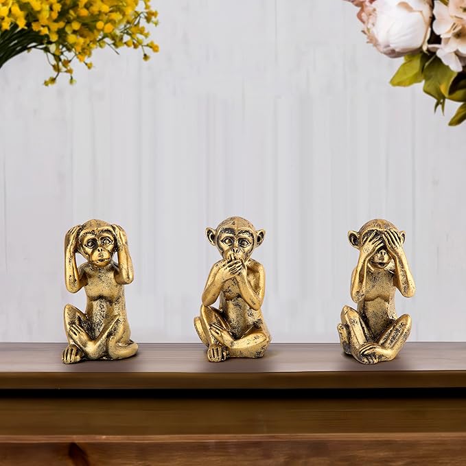 Leekung 3 Wise Monkeys Statue for Home Decor Accents,Hear no Evil See no Evil Speak no Evil Figurine for Living Room Boho Desk Gold Modern Table Decor,Monkey Gift Shelf Decor Accents Antique Bronze