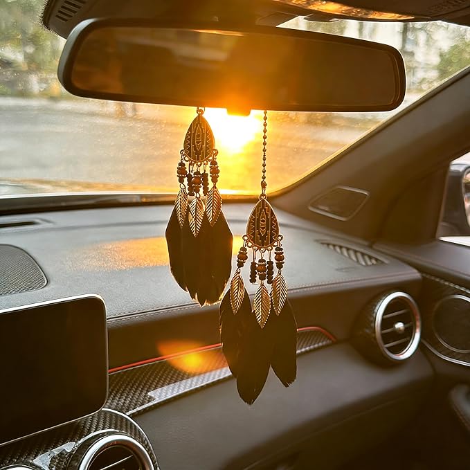 Small Dream Catcher Car Hanging Ornament, Handmade Nature Feather Boho Rear View Mirror Pendant, Car Decor Accessories Gift for Women