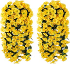 HyeFlora Artificial Fake Hanging Flowers Plants for Outdoor Outside Spring Decoration, 2PCS Faux Silk UV Resistant Look Real Yellow Morning Glory Trailing Vines for Home Planter Porch Patio Balcony