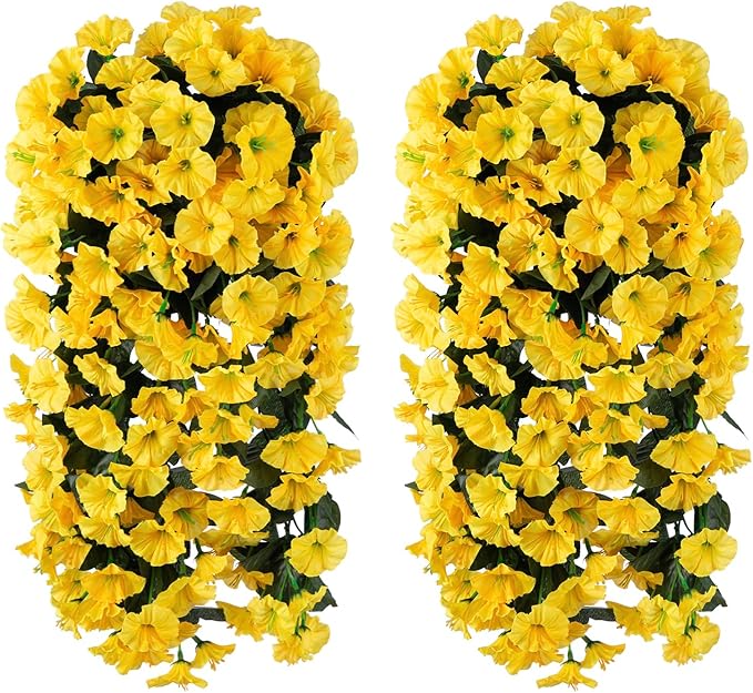 HyeFlora Artificial Fake Hanging Flowers Plants for Outdoor Outside Spring Decoration, 2PCS Faux Silk UV Resistant Look Real Yellow Morning Glory Trailing Vines for Home Planter Porch Patio Balcony