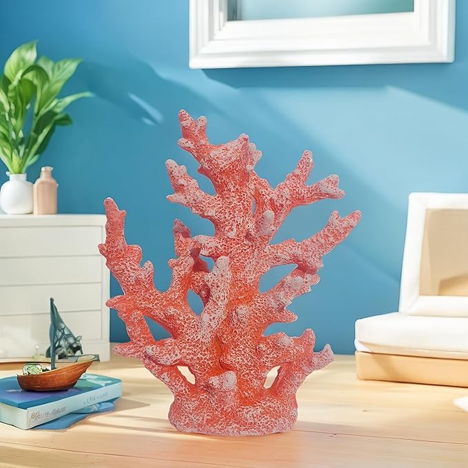 Etlemonde Beach Coastal Decor Coral Reef Home Decor Statue Sculpture Home,Desk,Bathroom,Desktop Shelf Statue,Marine Themed Gifts (Red Orange Coral)