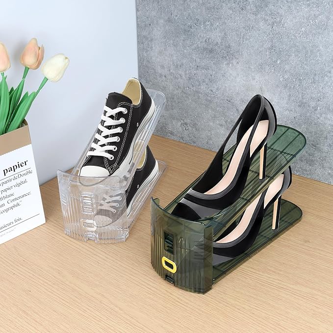 Yes!Fresh Shoe Slots Organizer, Boutique Display Style Shoe Stacker for A Pair of Shoes, Separable Shoe Rack for Closet Organization, 3 Adjustable Narrow Shoe Rack (Clear, 2 Pack)
