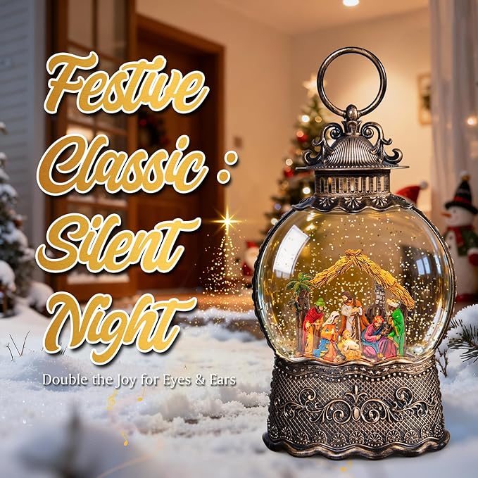 Nativity Scene Christmas Snow Globes, 10.24" Electric Light up Snow Globe Christmas, Festive Song 6H Timer & Dual Power, Musical Snowglobes Christmas Decorations Indoor Snowglobe Ornament