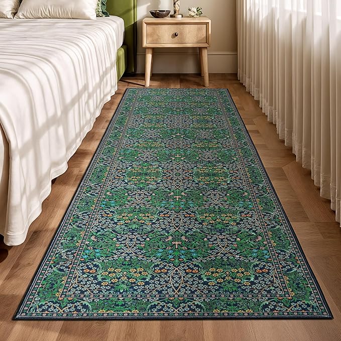 Lessymo Washable Hallway Runner Rug with Rubber Backing, Non Slip 8ft Long Floor Runner for Kitchen, Entryway Indoor, Stain Resistant Soft Boho Vintage Floral Botanical Carpet (2'7"x8' Forest Green)
