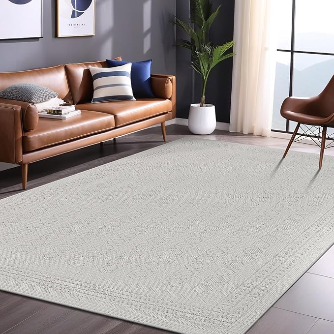 Micro Loop Indoor Rug White 5x7 Boho Geometric Neutral Area Rugs for Living Room Soft Luxury Modern Low and High Pile Durable Stain Resistant Non-Shedding Indoor Area Carpet 5 x 7