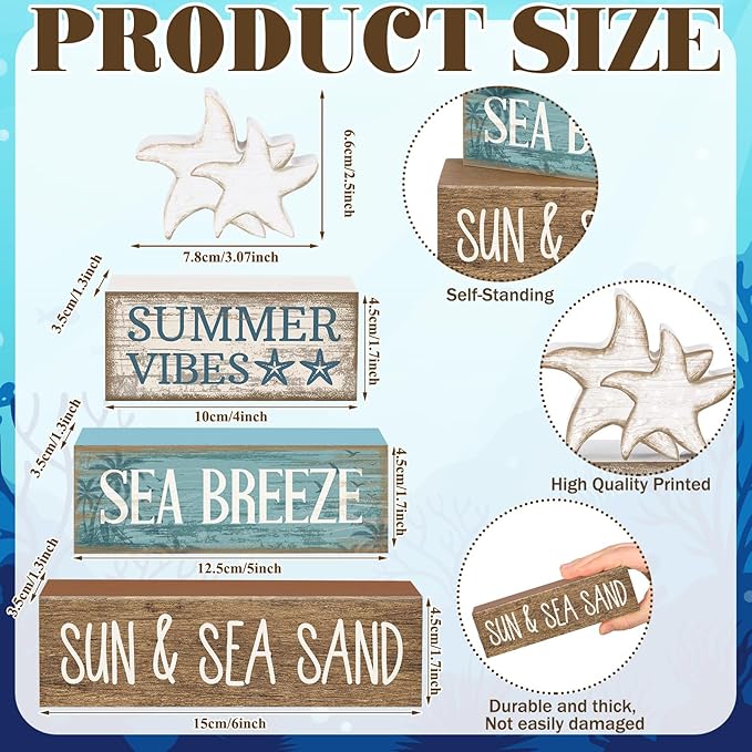Yuntau 4 Pcs Summer Beach Decorations for Home Beach Tiered Tray Decor Starfish Coastal Rustic Starfish Wooden Block Table Sign Stacked Book Nautical Table Centerpiece for Farmhouse Office Desk Shelf