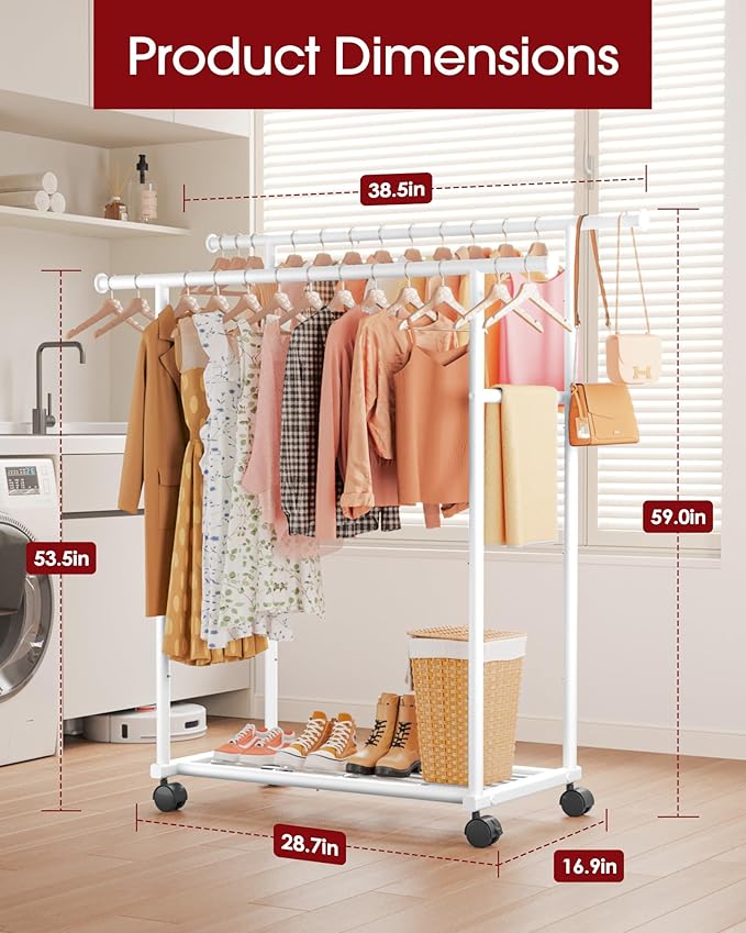 Metal Clothes Rack - Double Rod Clothing Rack with Fixed Design and Rolling Wheels, Coat Rack with Built-In Shelf for Closet Organizers and Storage (38.5" x 16.9" x 59.0", White)