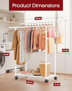 Metal Clothes Rack - Double Rod Clothing Rack with Fixed Design and Rolling Wheels, Coat Rack with Built-In Shelf for Closet Organizers and Storage (38.5" x 16.9" x 59.0", White)