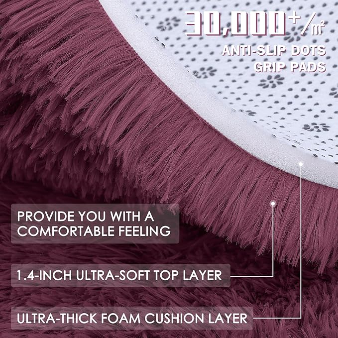 OLANLY Burgundy Round Rugs for Bedroom - Machine Washable, 7 ft Circle Area Rugs for Living Room, Soft and Fluffy Shaggy Carpet for Teen Girls and Boys, Nursery Rooms, Dorms, Home Decor Aesthetic