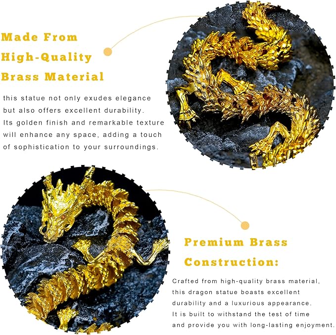 LIYAOLI 3D Golden Dragon Decor, Gold Articulated Dragon Statue Metal Toy for Boys, Chinese Dragon for Desk and Home Office, 9 Inch Luck Dragon