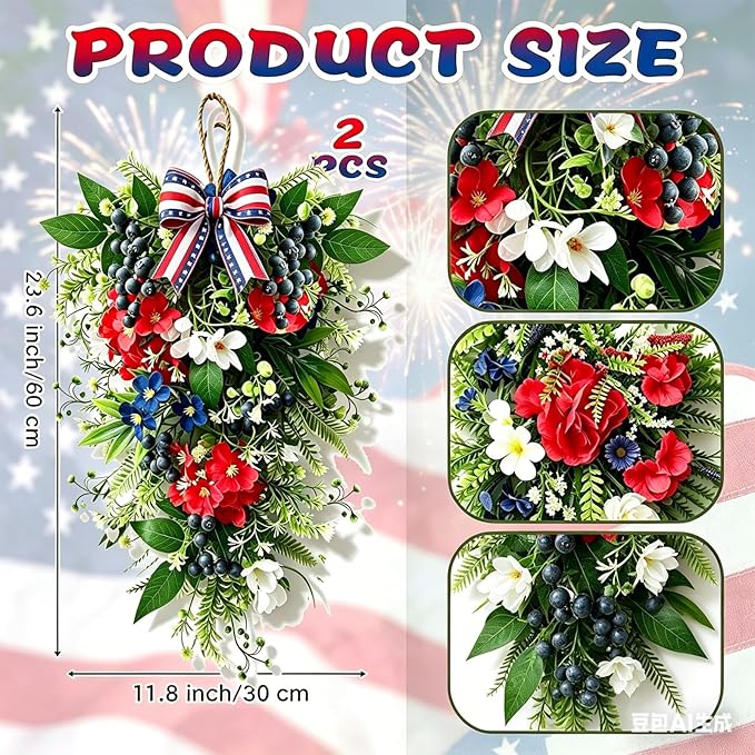 2 Pack 21'' Patriotic Teardrop Swag Wreaths Artificial 4th of July Hanging Swag for Cabinets Red White Blue Floral Navy Blue Berries for Independence Day Memorial Day Front Door Porch Window Wall