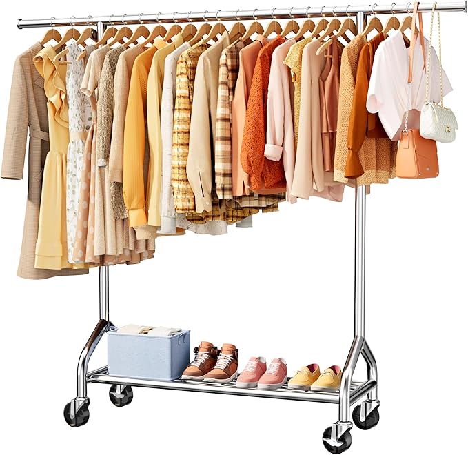 Heavy Duty Clothes Rack - Garment Rack with Extendable Side Rods & Bottom Shoe Shelf, 25mm Stainless Steel Frame with Wheels, 49.8–74.8'' x 62.6'' x 16.5'', Silver