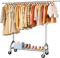 Heavy Duty Clothes Rack - Garment Rack with Extendable Side Rods & Bottom Shoe Shelf, 25mm Stainless Steel Frame with Wheels, 49.8–74.8'' x 62.6'' x 16.5'', Silver