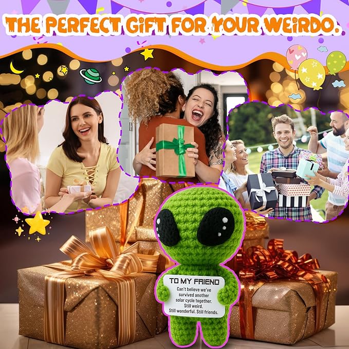 To My Friend Galentines Day Funny Gifts – Handmade Crochet Alien Plush with Special Friendship Message Card – Birthday, Valentines, or Just Because Present for Best Friend, Roommate, or Coworker