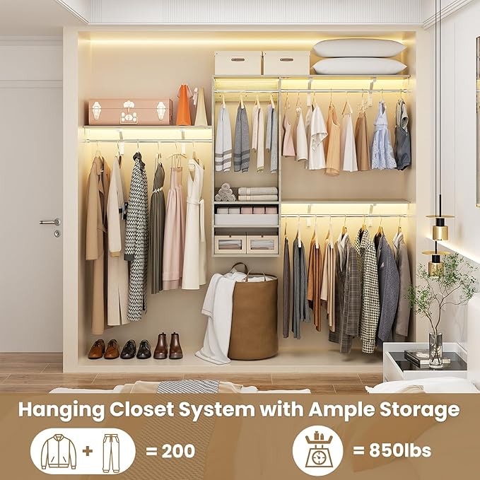 8FT Hanging Closet System, 96 Inch Closet Organizer System with Hanging Rod, Walk In Mounted Closet System, Built-In Clothes Garment Rack with 3 Shelving Towers(Can Be Cut To Fit), Oak