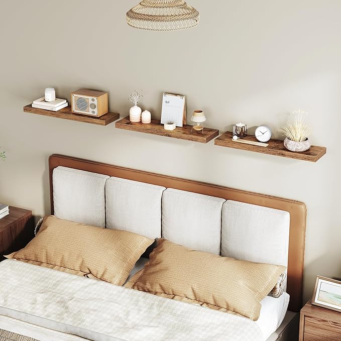 RALGEND Floating Shelves for Wall, 1.5" Thick Wall Shelf Set of 3 with Invisible Brackets, 23.6L x 7.9W Hanging Shelves Farmhouse Home Decor for Bathroom, Living Room, Bedroom, Rustic Brown 6301BJP3BF