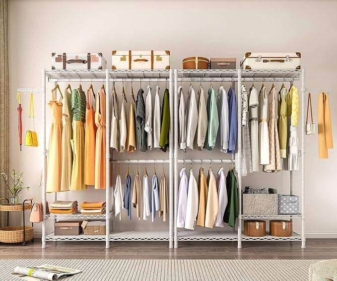 Heavy Duty Garment Rack, Metal Closet Organizers and Storage Clothing Racks 3 Tiers Adjustable Wire Shelving with 2 Hanger Rods and Side Hooks, 44.7" Lx16.5 Wx76.8 H, Max Load 800LBS, White